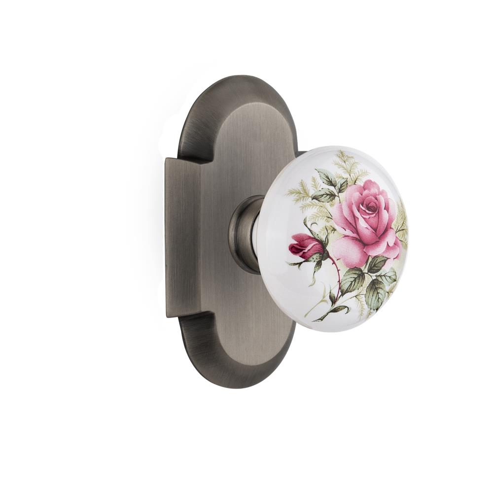 Nostalgic Warehouse COTROS Privacyy Knob Cottage Plate with White Rose Porcelain Knob in Antique Pewter